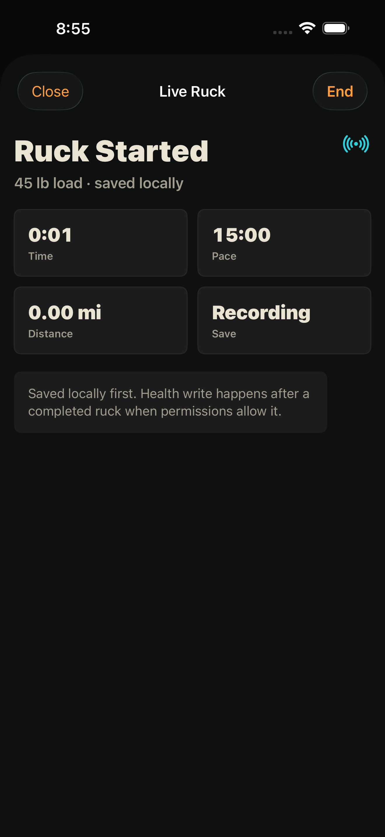 Ruck Mode real iPhone live ruck screen.