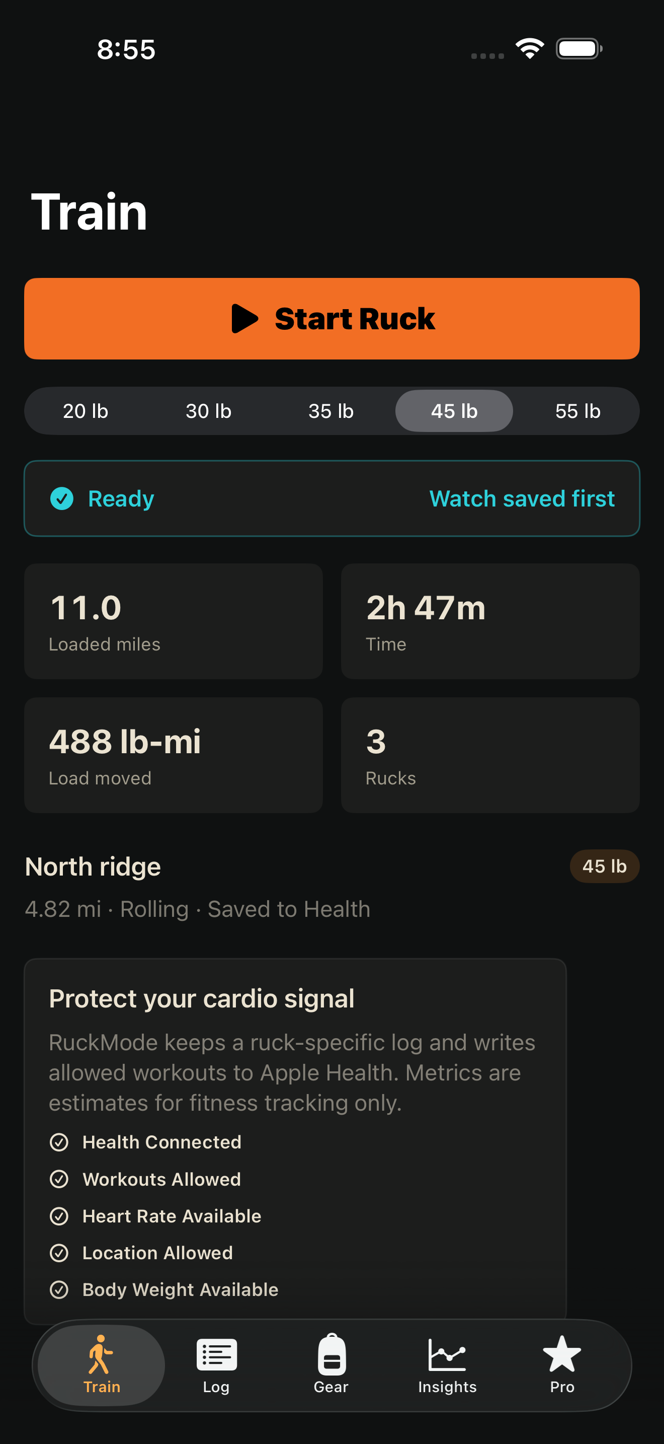 Ruck Mode real iPhone Train tab showing ruck workout options.