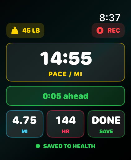 Ruck Mode Apple Watch live cockpit screenshot.