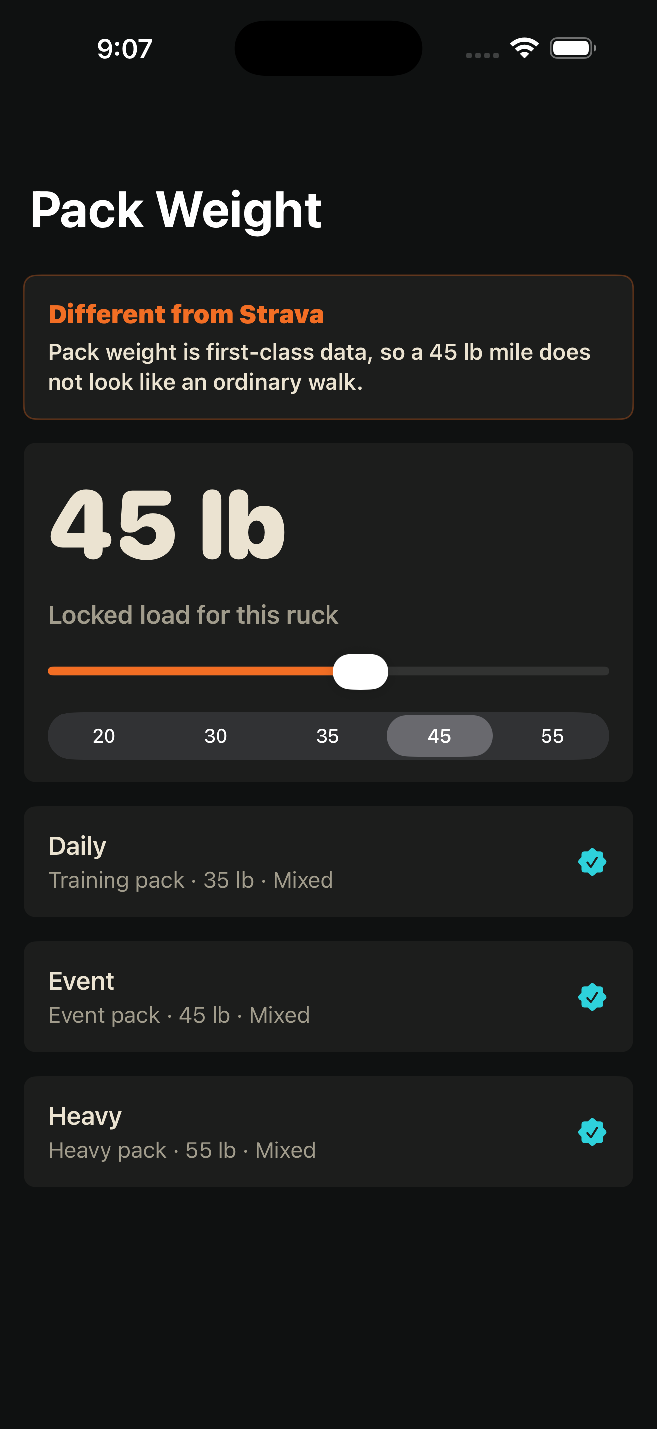 Ruck Mode pack weight screenshot