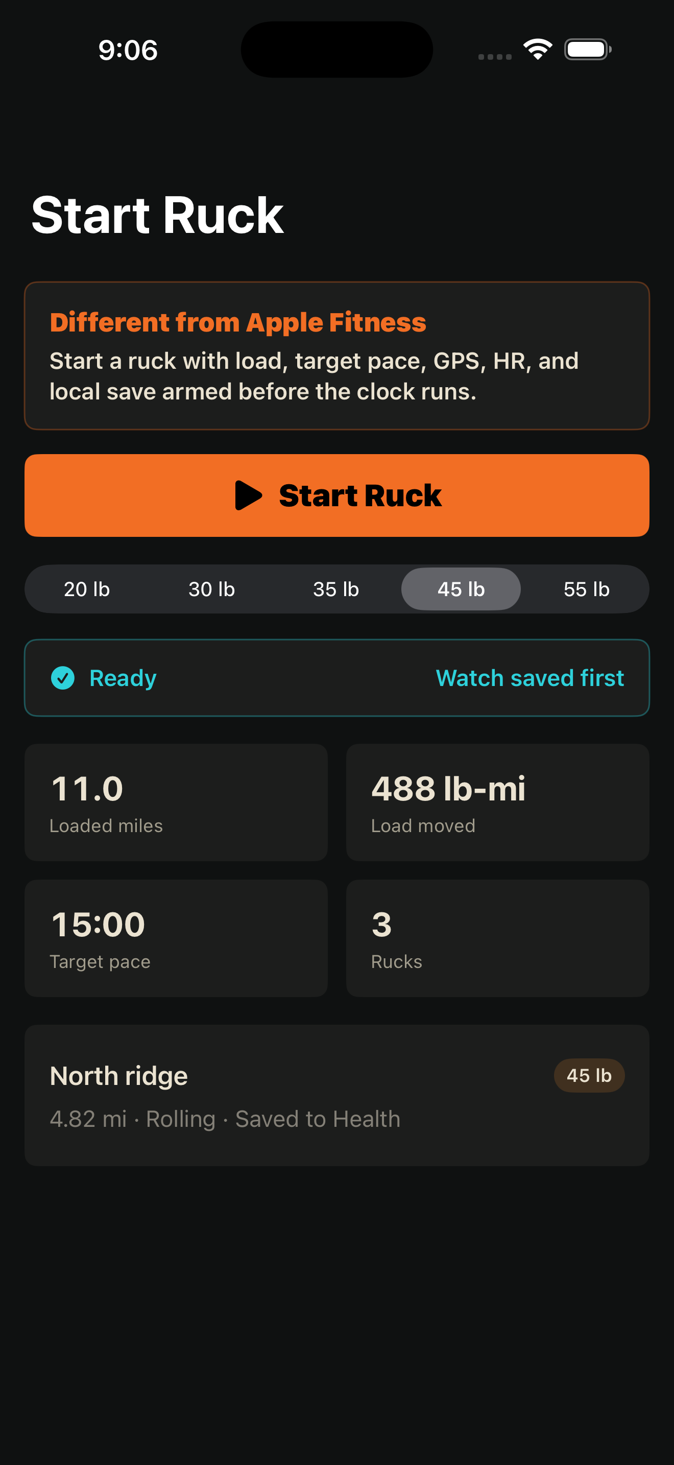 Ruck Mode screenshot showing the start ruck flow.